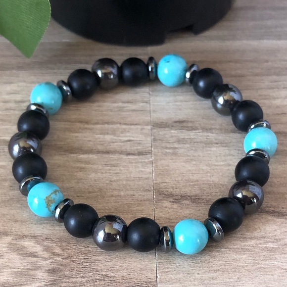 Natural Turquoise Stone Stretchable Hematite Rounded Beaded Bracelet - Picture 2 of 2